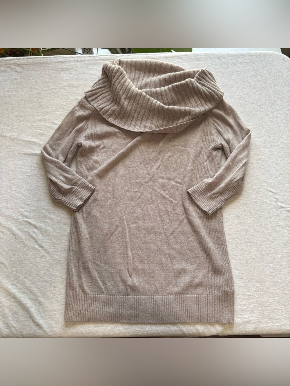Express Beige Ribbed Cowl Neck 3/4 Sleeve Knit Pullover Sweater XS
